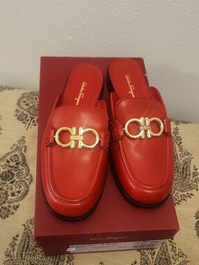 Salvatore Ferragamo Red Leather Gold Horsebit Mule